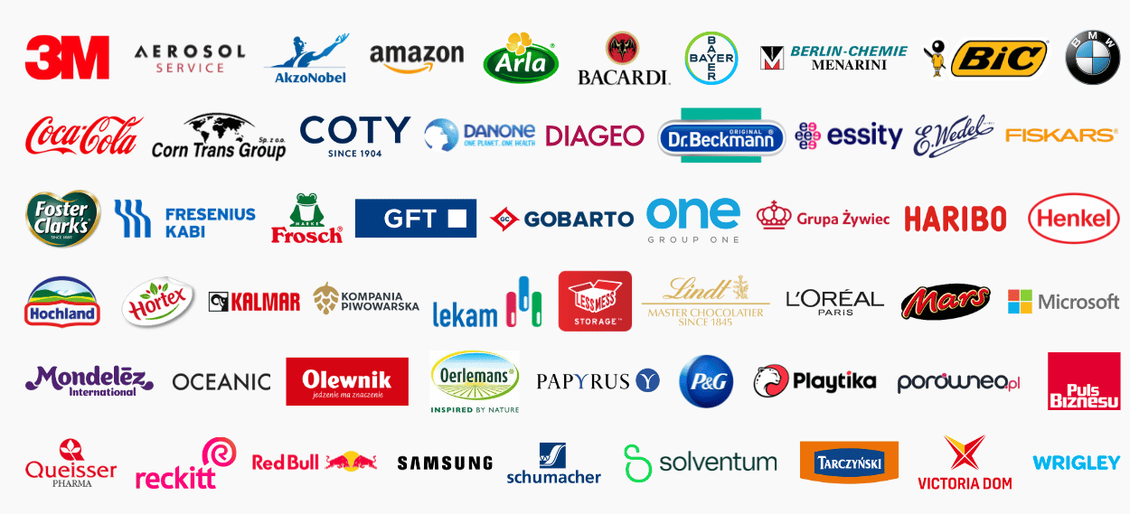 Loga firm klientów - 3M, Amazon, Coca-Cola, Danone, L'Oréal, Microsoft, Samsung, Red Bull i wiele innych